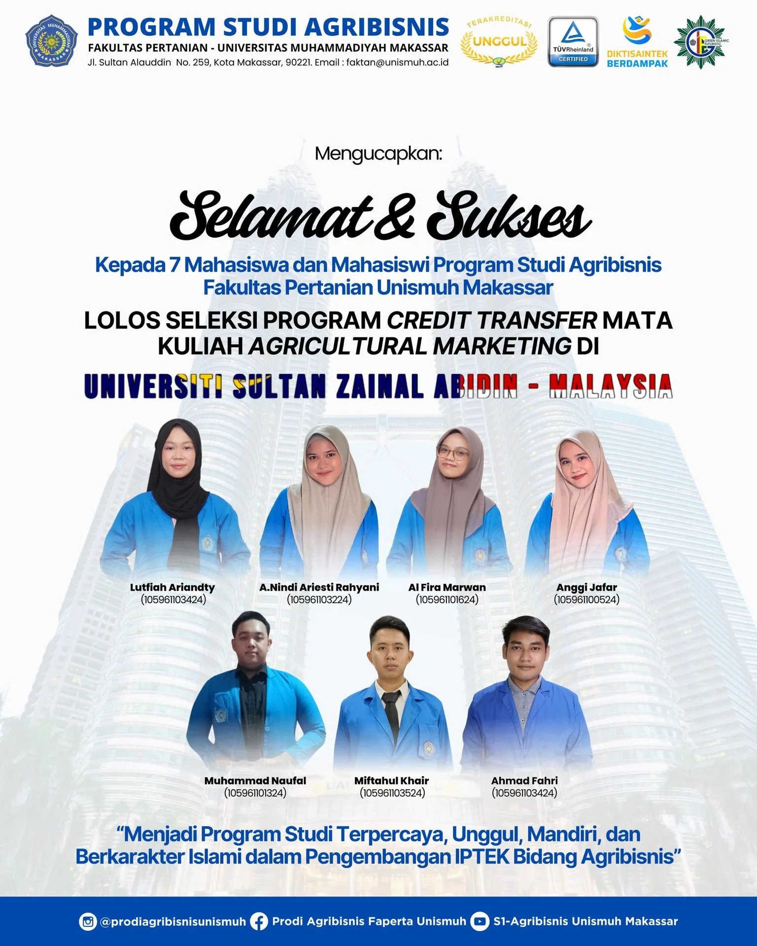 Tujuh Mahasiswa Agribisnis Unismuh Makassar Lolos Program Credit Transfer ke Malaysia